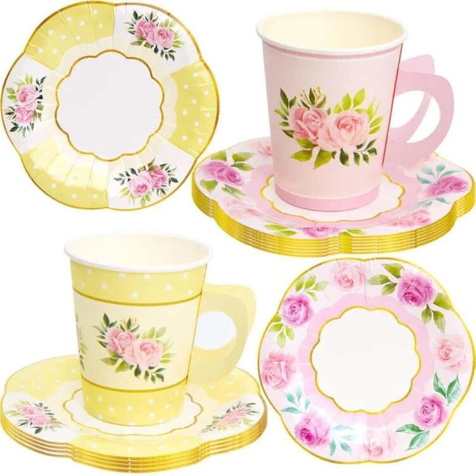 Tea Cups and Saucers with Handle Paper Disposable Tea Party Garden Spring Flo...